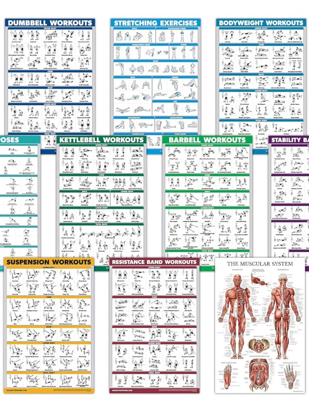 10 Pack - Exercise Workout Poster Set - Dumbbell, Suspension, Kettlebell, Resist